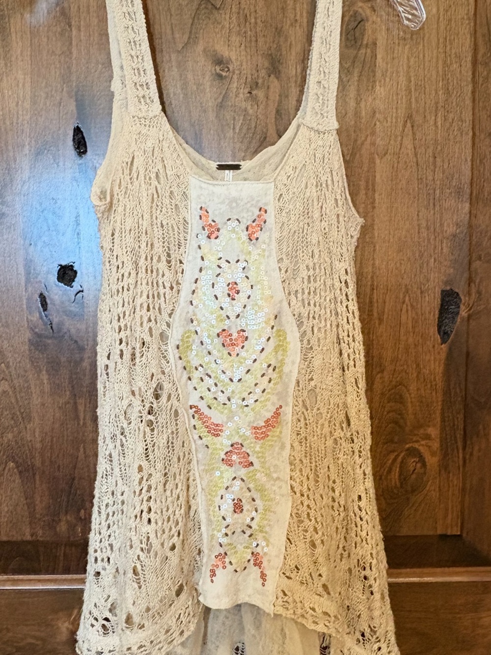 Free People Cream Crochet Tank with Embellished Front Panel